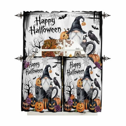 Halloween Swag Kitchen Curtains Set Black and White 3 Pieces with Snow & Orange Variations