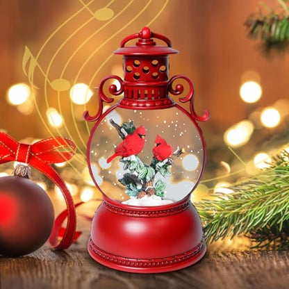 Red Snow Globes with Cardinal Lantern Music Box - 8 Songs, Timer, USB & Battery Power, Christmas Home Decor Gift