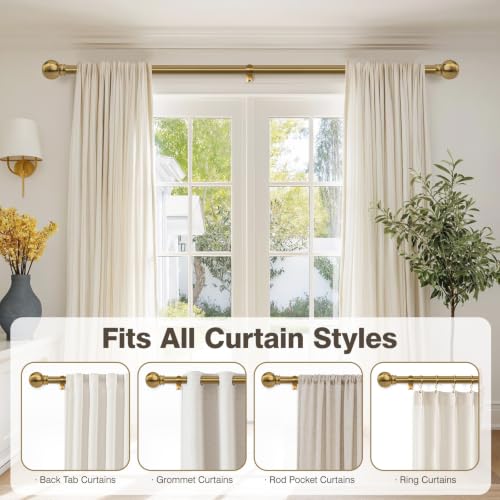 Brushed Brass Curtain Rod 32-152 Inch Heavy Duty Adjustable Drapery Rod with Finials - Antique Warm Gold