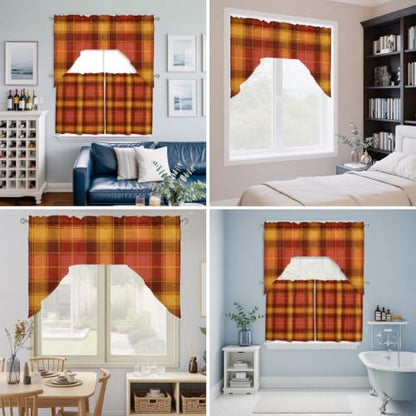 Burgundy & Warm Ochre Plaid Kitchen Curtains Set - 3 Piece Farmhouse Swag & Tier