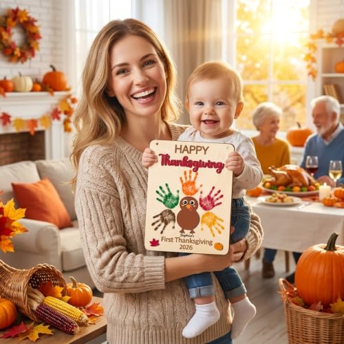 Thanksgiving Turkey Handprint Art Craft Kit with Wooden Sign & 3D Turkey Design - Baby & Toddler DIY Holiday Decor