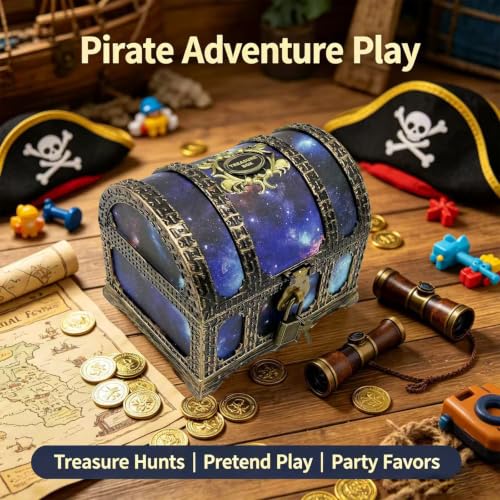 Starry Galaxy Treasure Chest with Lock and Key - Kids Pretend Play Storage Box, Classroom Prize Container