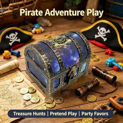 Starry Galaxy Treasure Chest with Lock and Key - Kids Pretend Play Storage Box, Classroom Prize Container