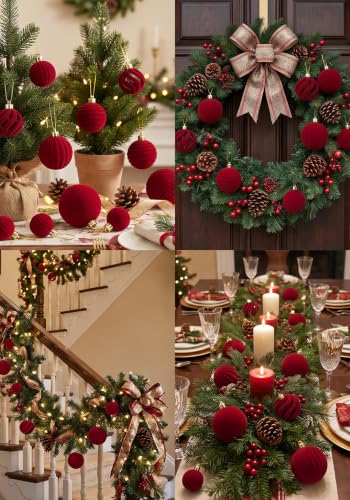 Burgundy Velvet Christmas Ornaments Set - 46pcs Holiday Tree Decorations