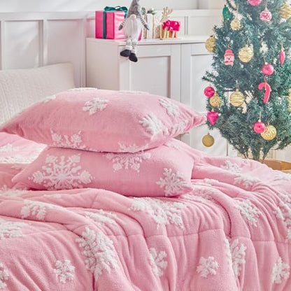 Pink Snowflake Queen Comforter Set Flannel Fleece Sherpa Winter Bedding