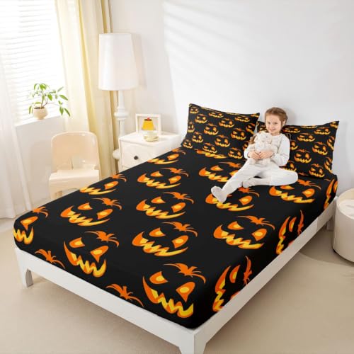 Kids Halloween Bed Sheets Set Full Size Trick or Treat Bedding with Deep Pockets - Black Yellow Orange