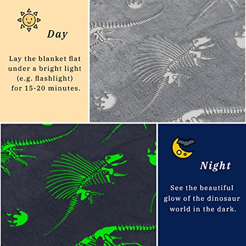 Glow in The Dark Dinosaur Blanket - Queen Size 90" x 90" Fluorescent Dinosaur