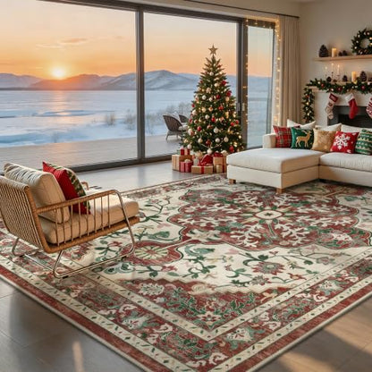 Red Christmas Area Rug 9x12 - Boho Vintage Floral, Non-Slip Backing, Washable