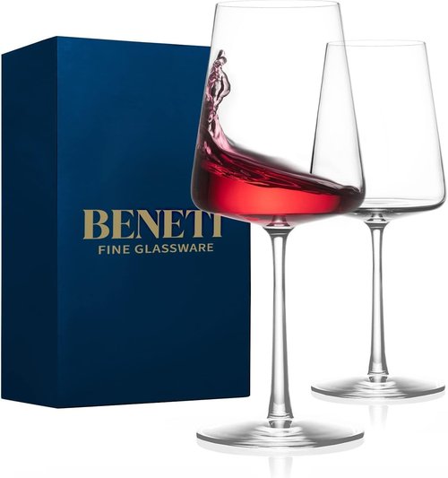 BENETI Wine Glasses Set of 4 | 17oz Handmade Luxury Crystal Red & White Long Stem Glass | Unique Modern Shape, Packaged In Beautiful Gift Box