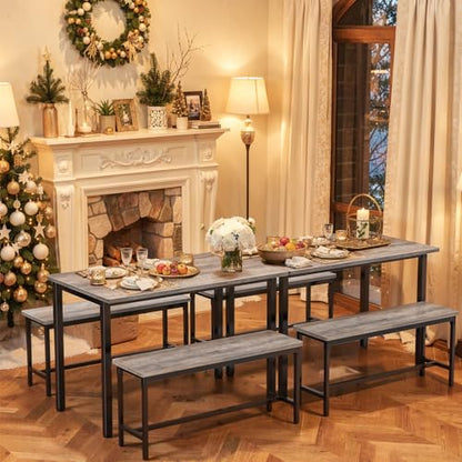 Dining Table Set for 4 with 2 Benches - Space-Saving Modern Kitchen Grey