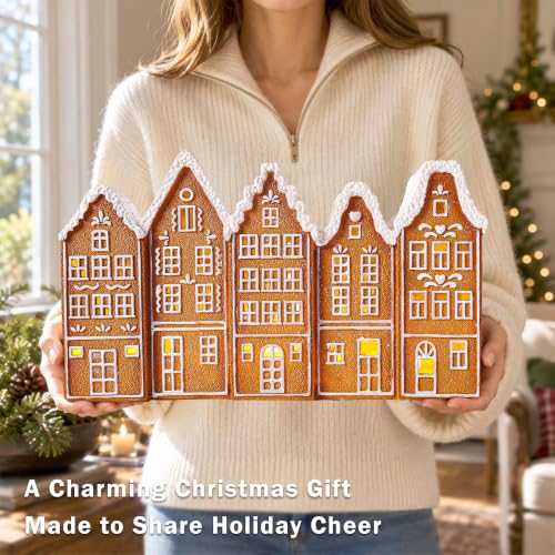 Lighted Gingerbread Christmas Village Decor - 14.5 Inch Holiday Scene with LED Lighting