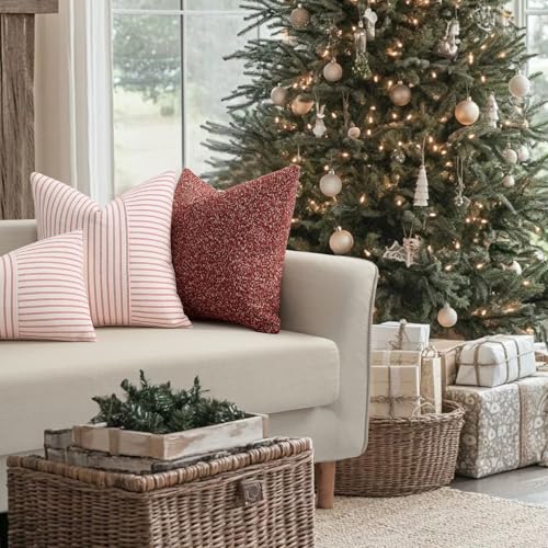 Christmas Pillow Covers 20x20 Set of 2 Red and Cream Striped Linen Decorative Cushion Covers for Couch Bedroom Holiday Decor - Variation of Red / 20" x 20"