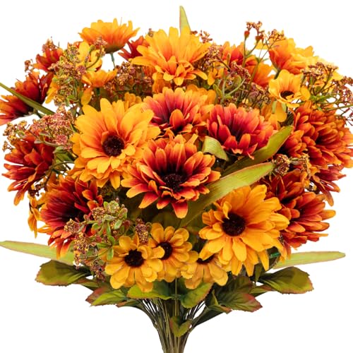 Artificial Fall Flowers for Decoration - Orange Faux Mums, 4 Bundles Outdoor