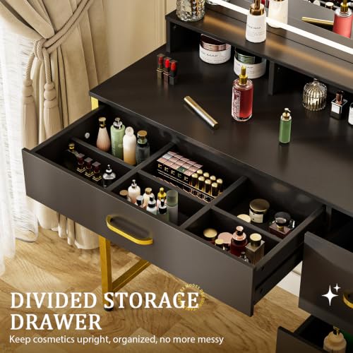 Black Makeup Vanity Table with Mirror & Lights, 4 Drawers & Storage Shelves - Large