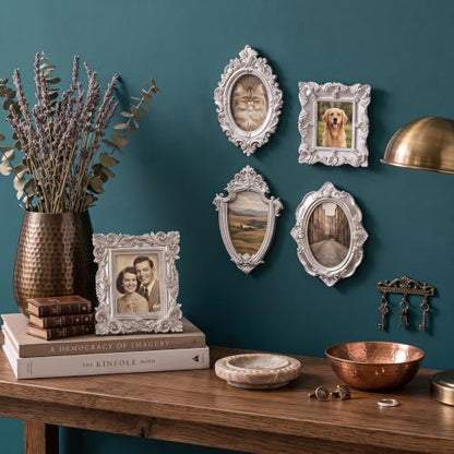 Vintage Mini Resin Picture Frames Set - Silver, 5 Pcs Small Photo Frames