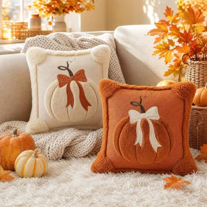 Big Pumpkin White Fall Decorative Pillow Covers 18x18 Set of 2 - Autumn Thanksgiving Halloween Home Decor