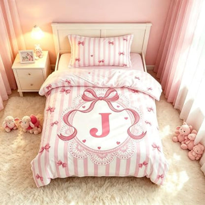 Pink Letter J Duvet Cover Set Twin Size Kids Bedding with Bow Design - Pink J Variation