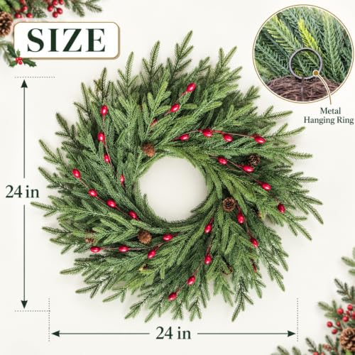 24 Inch Pre-Lit Cedar Christmas Wreath with Red Berries and Pinecones