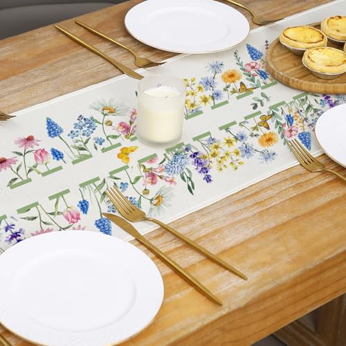 Spring Floral Linen Table Runner - Calendula & Lavender Farmhouse Decor, 13x72 Inch - Spring Home & Party Decoration - Variation of SpringB / 13x72 Inch