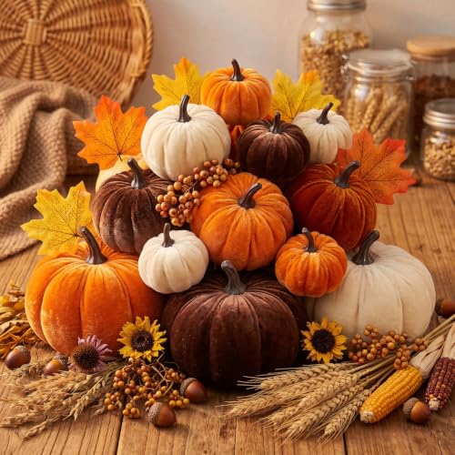 27-Piece Fall Decor Set with Velvet Pumpkins, Maple Leaves & Acorns