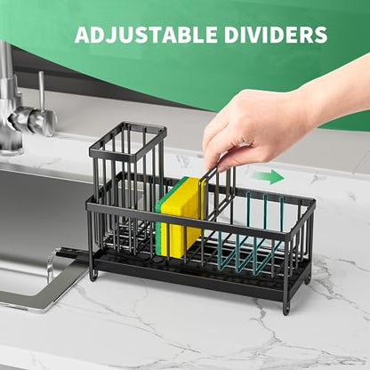 Cisily Sponge Holder for Kitchen Sink, Sink Caddy with High Brush Holder, Organzier Rustproof 304 Stainless Steel Dish Organizer Divider, Soap Dispenser Storage