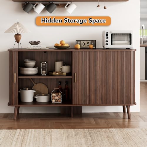 55-Inch Walnut Fluted Sideboard Buffet Cabinet with Sliding Door - Mid-Century Modern Storage