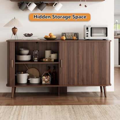 55-Inch Walnut Fluted Sideboard Buffet Cabinet with Sliding Door - Mid-Century Modern Storage