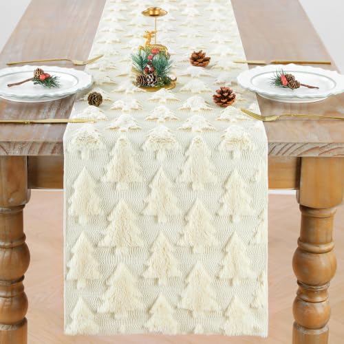 Faux Fur Christmas Table Runner Beige 13x60 Inch Soft Plush Holiday Decor