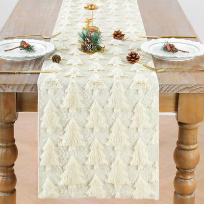 Faux Fur Christmas Table Runner Beige 13x60 Inch Soft Plush Holiday Decor