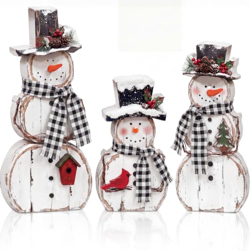 Christmas Snowman Table Decorations Set with Pine Top Hat - Rustic Winter Indoor Decor, 3 Pcs