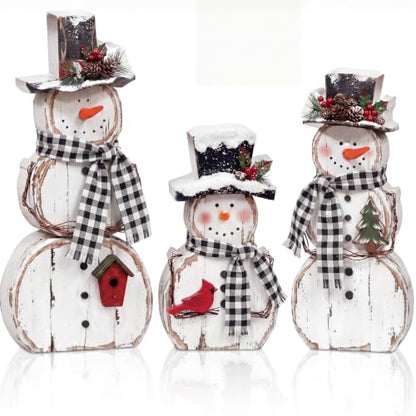 Christmas Snowman Table Decorations Set with Pine Top Hat - Rustic Winter Indoor Decor, 3 Pcs