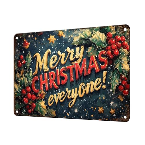 Christmas Sign - 12x8 Inch Metal Wall Decor for Home, Kitchen, Bar, Pub - Merry Christmas Everyone