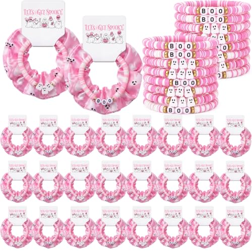 Pink Halloween Hair Scrunchies and Beaded Bracelets Gift Set - Spook Variation