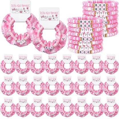 Pink Halloween Hair Scrunchies and Beaded Bracelets Gift Set - Spook Variation