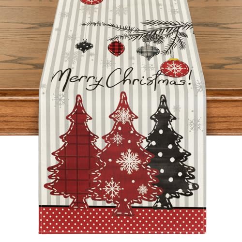 Christmas Table Runner 13x72 Inches Snowflakes Stripes Merry Holiday Decor - Red Black