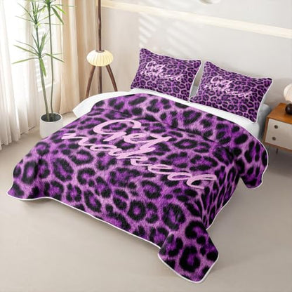 Lavender & Charcoal Leopard Print Get Naked Quilt Set Queen Lightweight Microfiber Bedding