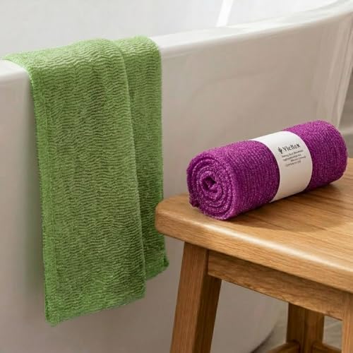 Exfoliating Washcloth Towel Set - Olive Green & Deep Purple, Body Loofah Sponge