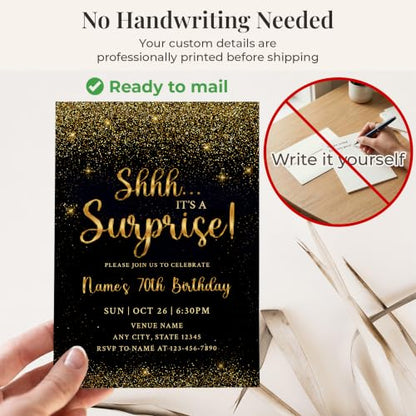 Black Gold 70th Surprise Birthday Invitations - Personalized 5x7 Set with Envelopes