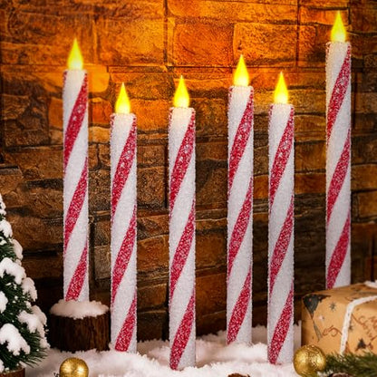 Christmas Flickering Flameless Candy Cane Taper Candles - 6PCS Red & White Stripes, Real Wax, Battery Operated - Variation: Candy Cane-02
