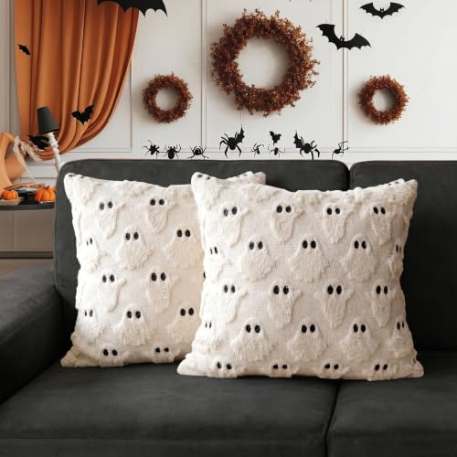 Halloween Pillow Covers 18x18 Inch Set of 2 Beige Ghost Decor