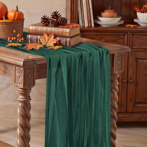 Emerald Green Cheesecloth Table Runner 35x120 Inch Boho Rustic Decor - 3 Pcs