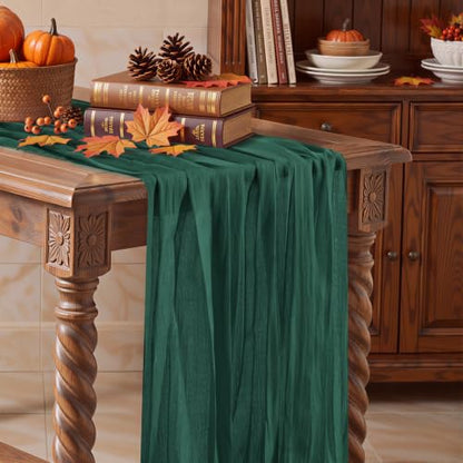 Emerald Green Cheesecloth Table Runner 35x120 Inch Boho Rustic Decor - 3 Pcs
