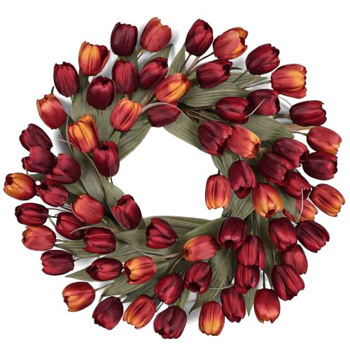Wine Red Tulip Fall Wreath 24-Inch Front Door Decor - Fade-Resistant