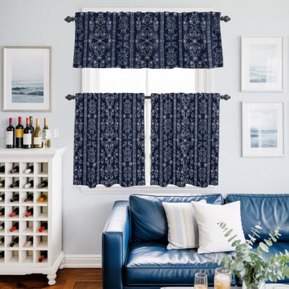 Navy Blue Floral Kitchen Curtains Set Valance & Tier 3 Pieces 54x18+27x24 Variation