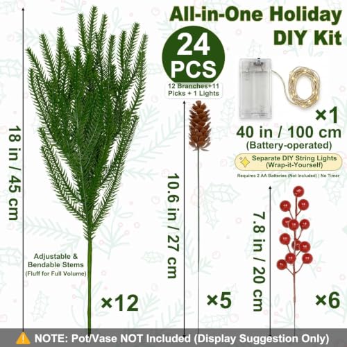 Green Pine Branches with LED Lights and Berries - 24 Piece Holiday Decor Set