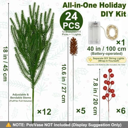 Green Pine Branches with LED Lights and Berries - 24 Piece Holiday Decor Set