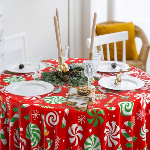 6Pcs Christmas Candy Cane Tablecloth Set - Red Green 84 Inch Round Holiday Decor