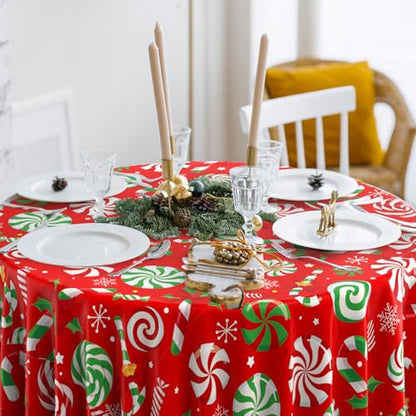 6Pcs Christmas Candy Cane Tablecloth Set - Red Green 84 Inch Round Holiday Decor