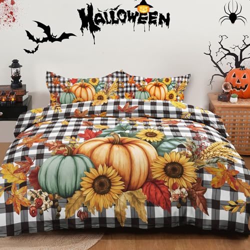 Halloween Duvet Cover Set King Size 3 Pieces - Pumpkin Sunflower Maple