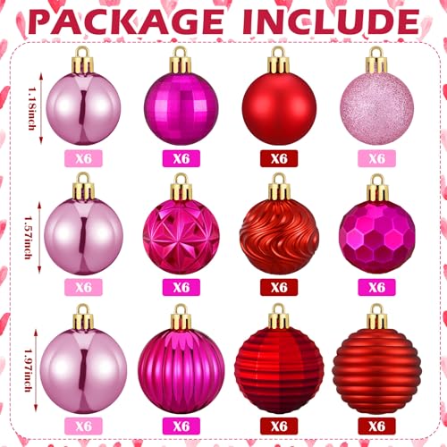 Romantic Hot Pink & Red Christmas Ball Ornaments Set - 72 Bulk Holiday Decorations